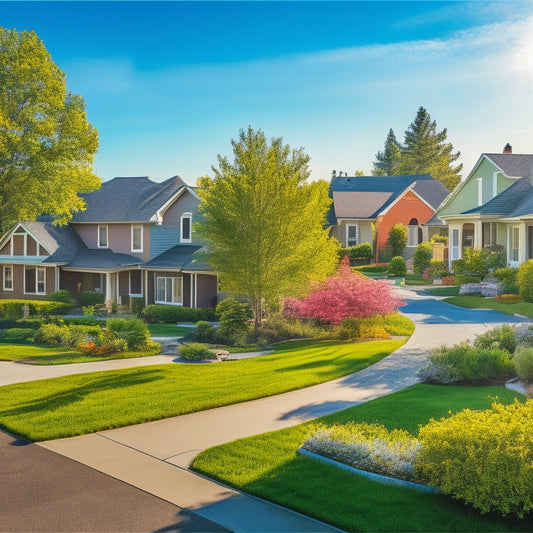 A vibrant, sunlit suburban neighborhood showcasing homes with sleek, reflective energy-efficient roofs. Lush green trees and blooming gardens surround the houses, while a bright blue sky enhances the scene, symbolizing sustainability and savings.