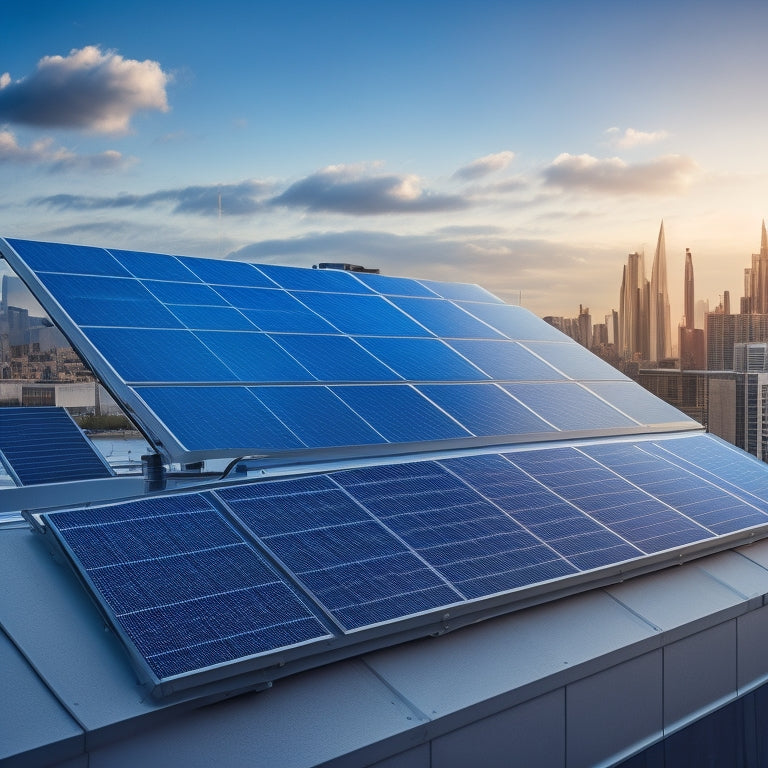 A futuristic, sleek solar panel array mounted on a modern rooftop, with a subtle gradient of blues and whites, surrounded by a subtle grid of thin, metallic lines and faint cityscape in the background.