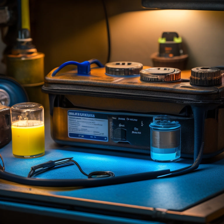 A close-up of a flooded deep cycle battery being charged, with visible terminals, a multimeter measuring voltage, and tools like a wrench and hydrometer nearby, all set against a workshop backdrop with soft, natural lighting.