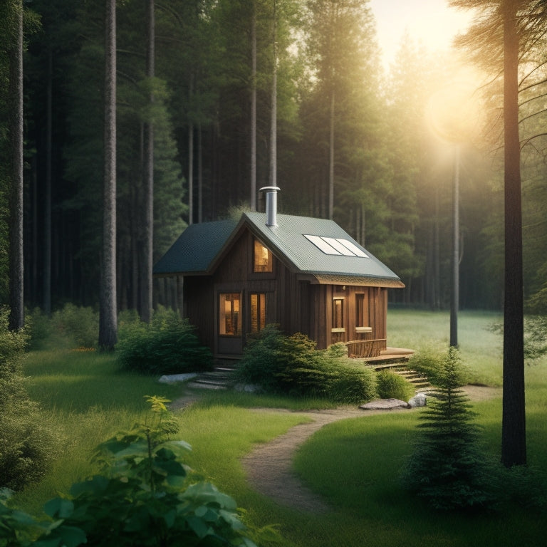 A serene, secluded cabin surrounded by lush greenery and towering trees, with solar panels on the roof and a wind turbine in the distance, powered by a self-sustaining energy system.