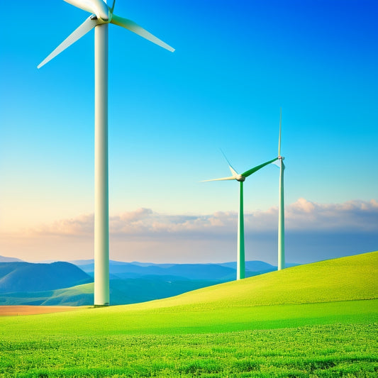 A futuristic, sleek wind turbine stands alone on a rolling green hill, surrounded by a scattering of solar panels, with a subtle grid of circuitry and wires connecting them.