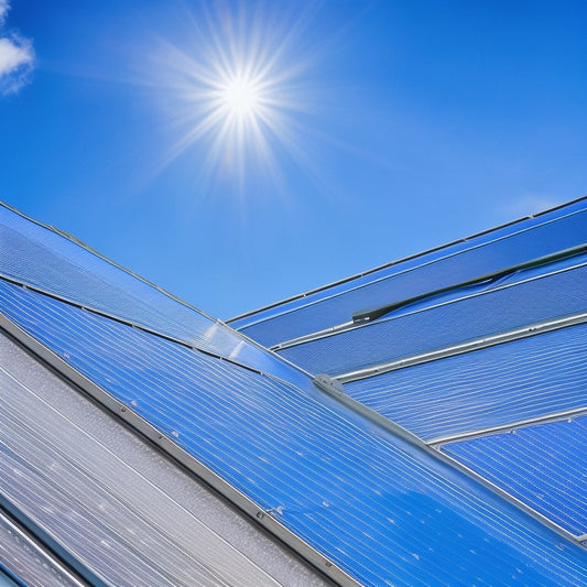 A close-up of a metal roof with various solar panel mounts installed, showcasing different attachment styles, such as clamps, brackets, and rails, with a sunny blue sky in the background.