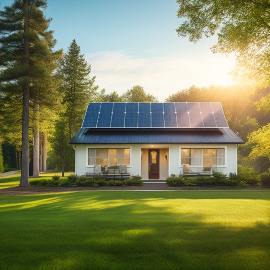 A serene suburban home with a lush green lawn, surrounded by tall trees, featuring three standalone solar panels installed on the ground, angled towards the sun, with a few subtle shadows.