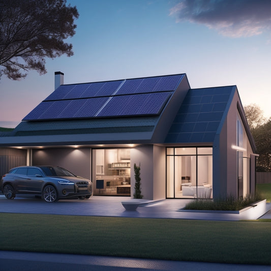 An illustration of a sleek, modern home with solar panels on the roof, a battery storage unit in the garage, and a subtle glow emanating from the windows, symbolizing energy efficiency and sustainability.