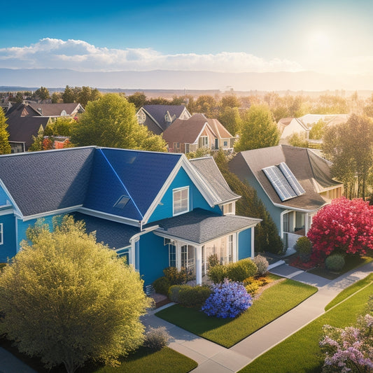 An illustration of a suburban neighborhood with rooftops featuring solar panels, surrounded by blooming trees and a bright blue sky, with a subtle hint of a cityscape in the background.