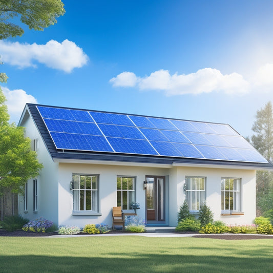 An illustration of a modern suburban home with solar panels installed on the roof, surrounded by blooming greenery and a bright blue sky with a few puffy white clouds.