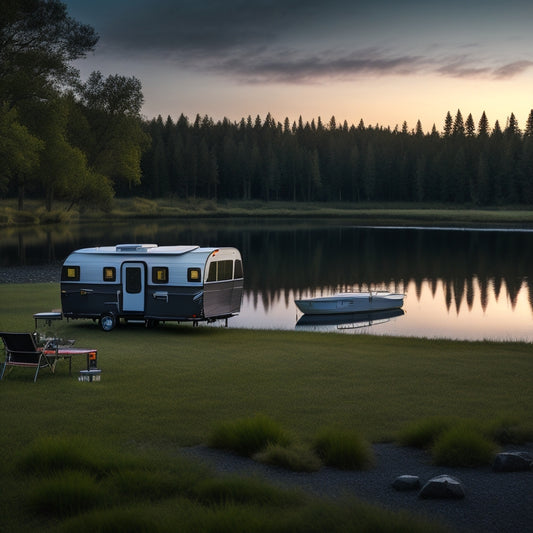 A serene landscape depicting a campsite at dusk, with a sleek RV parked beside a tranquil lake, surrounded by lush greenery, and a portable power station discreetly placed on the grass, with cables and devices connected.