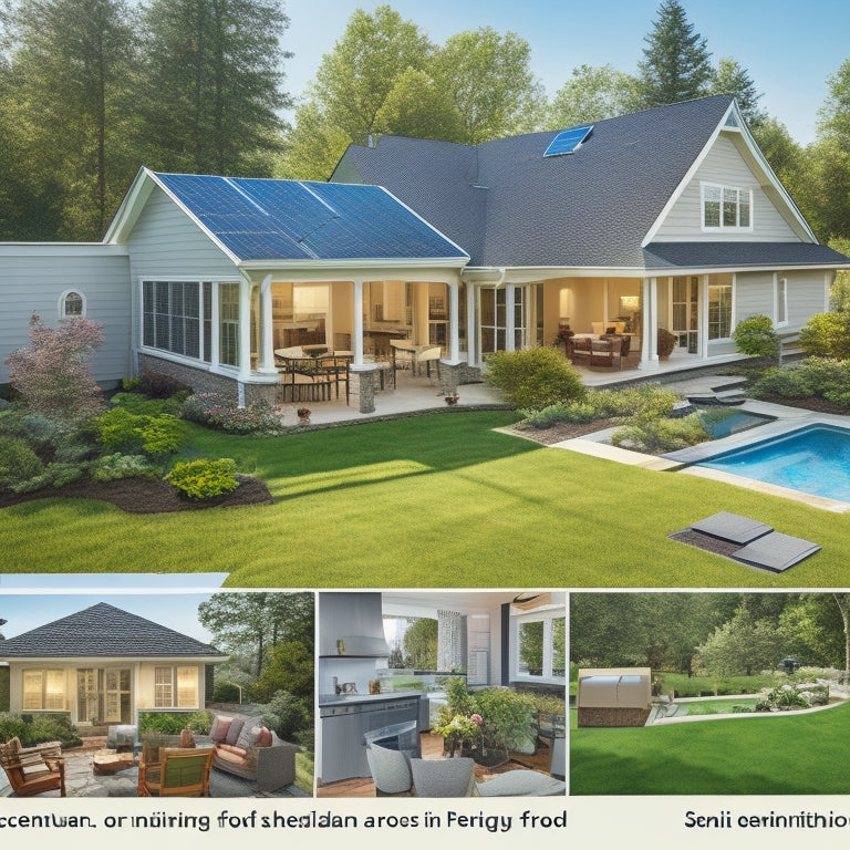 A serene suburban backyard featuring a step-by-step visual guide: 1. Preparing the roof with tools; 2. Installing solar panels with a team; 3. Monitoring energy output on a digital screen, all bathed in sunlight.