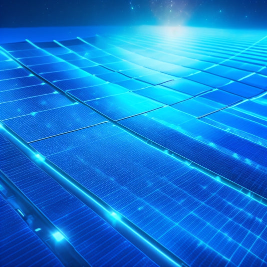 A futuristic illustration of interconnected solar panels with pulsing blue circuits, surrounded by swirling patterns of light and energy, set against a dark blue gradient background with subtle grid lines.