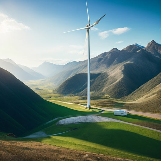 A serene landscape with three distinct sections: a wind turbine spinning in a green meadow, a solar panel array on a rooftop, and a hydroelectric dam in a mountainous valley, all under a bright blue sky.