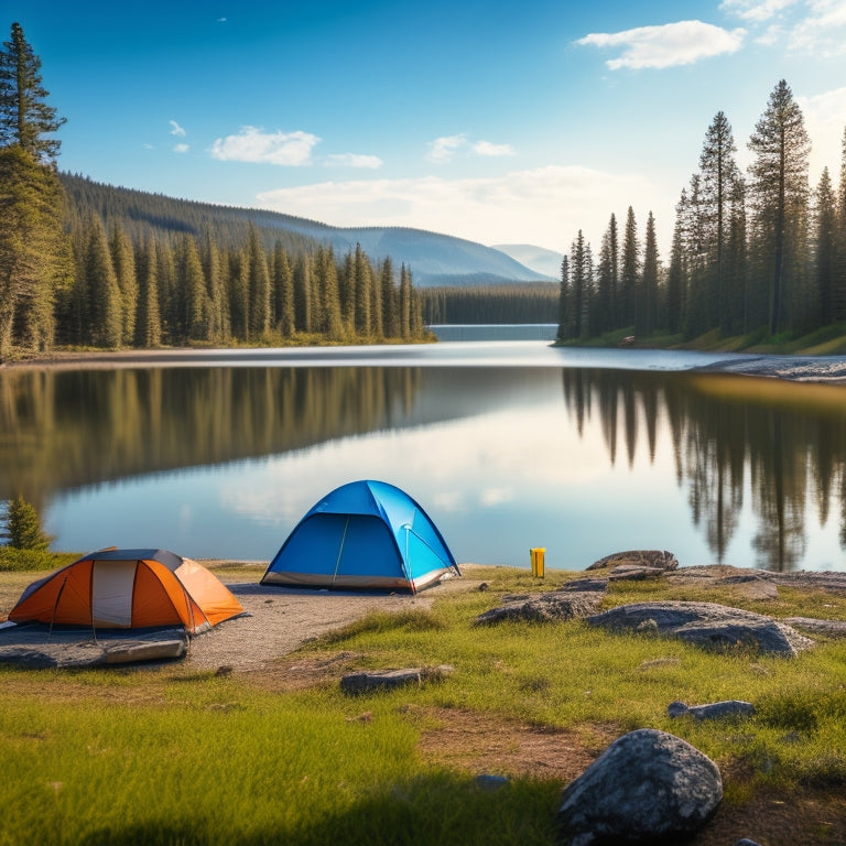 A scenic outdoor setting featuring a rugged campsite with a portable solar panel kit set up beside a tent, surrounded by pine trees and a tranquil lake, under a bright blue sky with fluffy clouds.