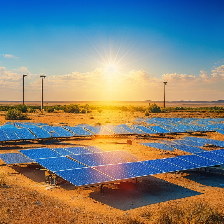 A chaotic scene of solar panels under a scorching sun, with overcharging batteries exploding, wires sparking, and a disarray of burnt circuit boards, all set against a vibrant blue sky and dry landscape.