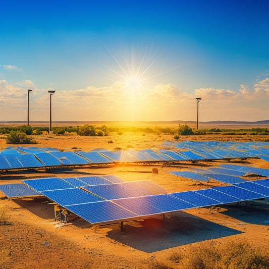 A chaotic scene of solar panels under a scorching sun, with overcharging batteries exploding, wires sparking, and a disarray of burnt circuit boards, all set against a vibrant blue sky and dry landscape.