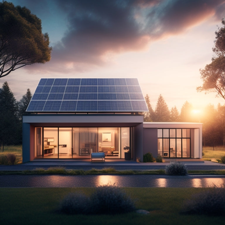 A futuristic illustration of a modern home with solar panels on the roof, surrounded by a subtle glow, with a sleek, high-tech battery backup system visible through a transparent wall.