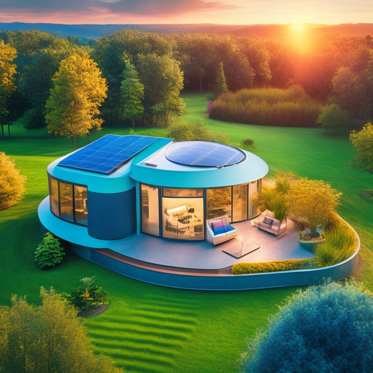 A futuristic, modern home with a rooftop solar panel array, a compact wind turbine, and a sleek battery storage unit, surrounded by lush greenery and a subtle, glowing circuitry pattern.