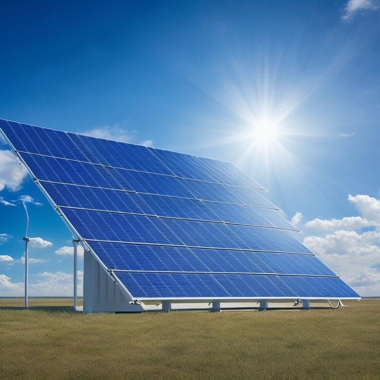 A futuristic, sleek, and modern illustration of a solar panel array connected to a row of high-tech, compact, and silver-toned batteries, set against a bright blue sky with fluffy white clouds.