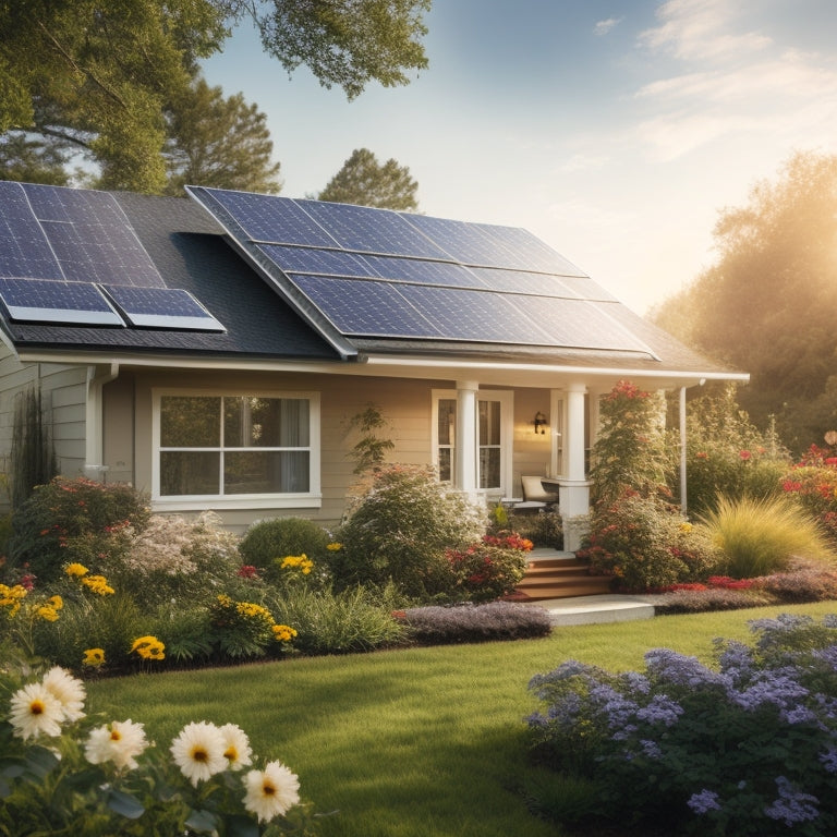 A bright, sunlit suburban home with solar panels on the roof, surrounded by lush greenery. In the foreground, a sleek solar battery storage unit connected to the home, with vibrant flowers blooming nearby.
