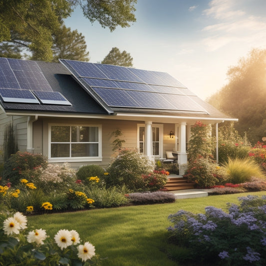 A bright, sunlit suburban home with solar panels on the roof, surrounded by lush greenery. In the foreground, a sleek solar battery storage unit connected to the home, with vibrant flowers blooming nearby.