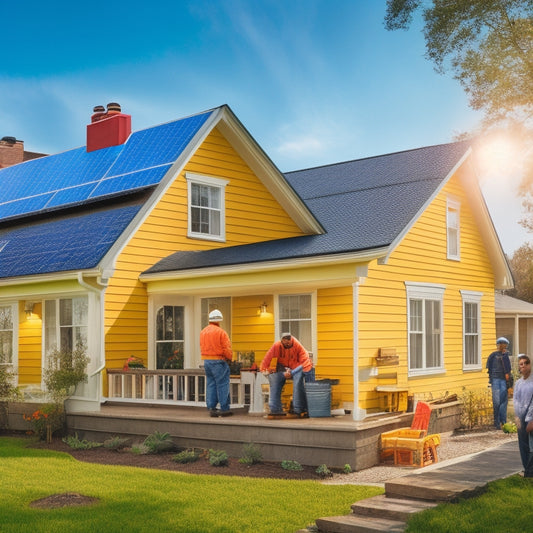 A sunny suburban home with a mix of solar panels and traditional roofing, a ladder leaning against the side, and a worker in a bright yellow vest installing a panel.