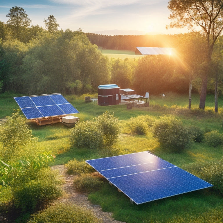 A serene off-grid landscape featuring solar panels glistening in the sun, surrounded by lush greenery, with a collection of robust solar batteries showcased prominently, emphasizing renewable energy and sustainability.