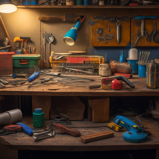 A cluttered workbench with various DIY tools and materials scattered around, including a drill, wires, pliers, screwdrivers, and a toolbox in the center, with a subtle background of a half-finished installation project.