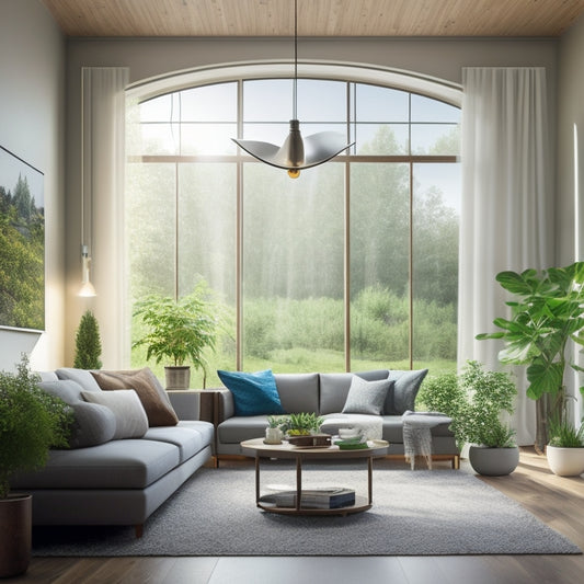 A serene living room with a large window, solar panels on the roof, a compact wind turbine outside, and a smart thermostat on the wall, surrounded by lush greenery and a few energy-efficient light bulbs.