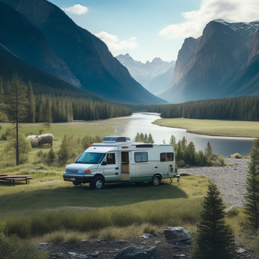 A serene wilderness landscape with a camper van or RV in the background, surrounded by trees and a mountain range, featuring a solar panel array, battery bank, and inverter setup prominently displayed.