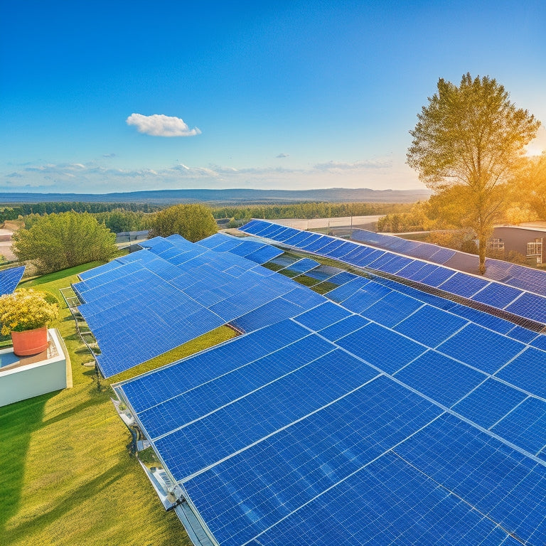 An aerial view of a modern residential rooftop with multiple solar panels installed using different mounting options: flush mount, tilt mount, and rail-based systems, amidst a backdrop of blue sky and fluffy white clouds.