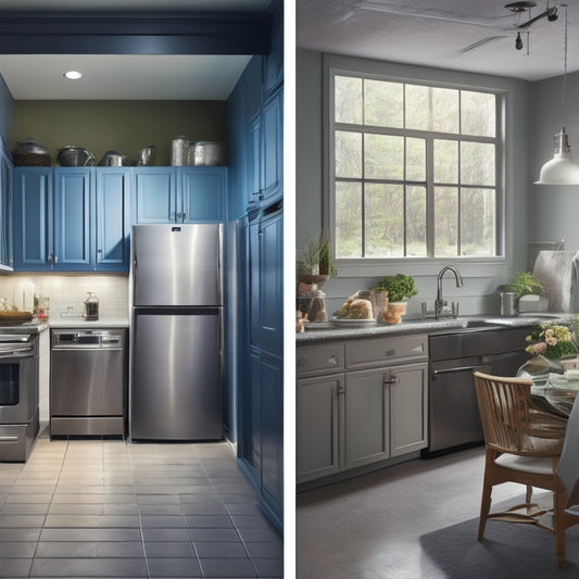 A split-screen image: a dark, cluttered, and outdated home on the left, with old appliances and dim lighting, versus a bright, modern, and sleek home on the right, with energy-efficient appliances and natural light pouring in.