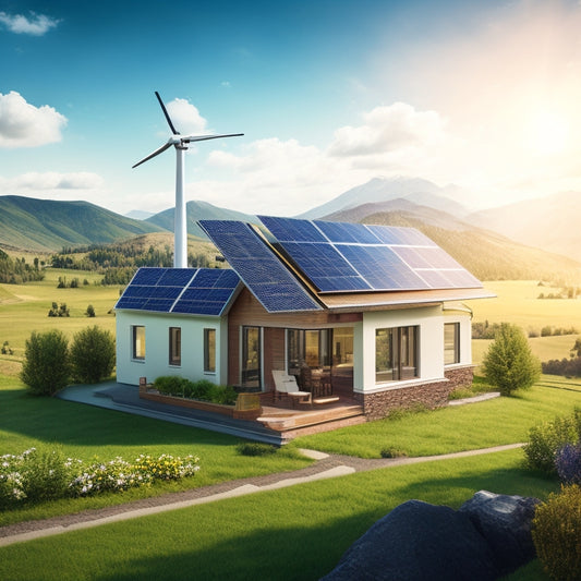 An illustration of a house with solar panels, wind turbine, and geothermal system, interconnected with a monitoring system, amidst a natural landscape with a sunny sky.