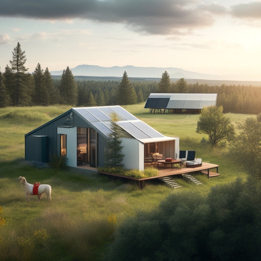 A serene landscape with a modern off-grid cabin surrounded by lush greenery, featuring a rooftop solar array, a wind turbine, and a battery bank in the foreground.