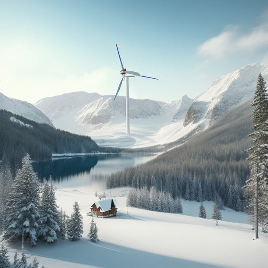 A serene, snow-capped mountain landscape with a secluded cabin in the distance, surrounded by evergreen trees, featuring a wind turbine, solar panels, and a small hydroelectric dam.