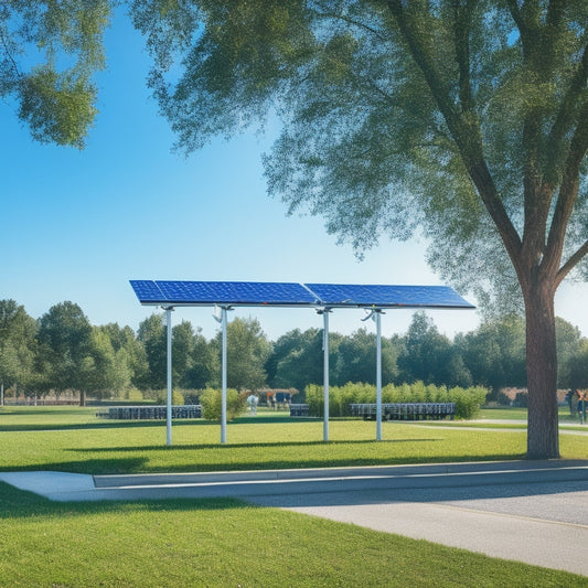 A modern solar power charging station in a vibrant park, sleek solar panels glistening under the sun, people charging devices, lush greenery surrounding, bright blue sky, and a serene atmosphere reflecting sustainable energy use.