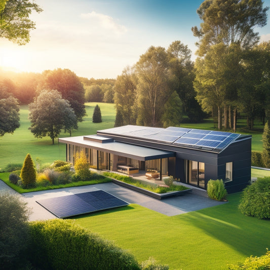 A serene landscape with a modern, sleek, black-roofed house in the foreground, surrounded by lush greenery, with a row of silver solar panels on the roof and a compact battery unit on the lawn.