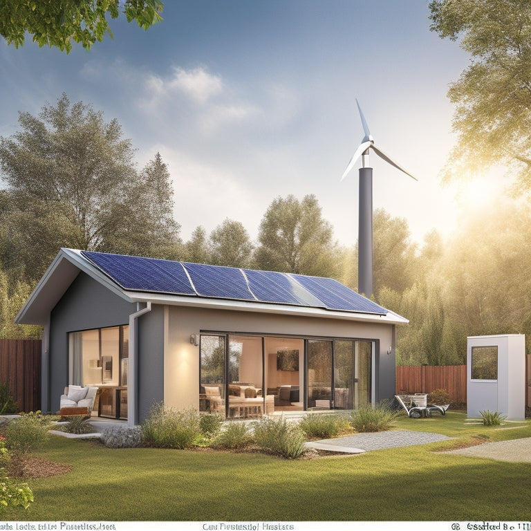 An illustration of a modern, eco-friendly home with solar panels on the roof, a wind turbine in the backyard, and a smart thermostat on the wall, surrounded by lush greenery.