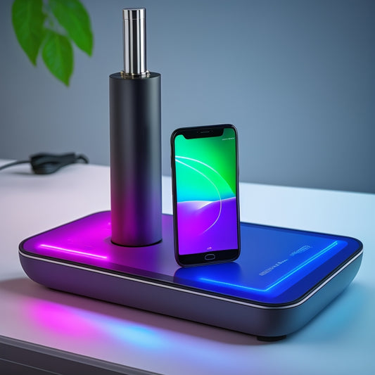 A sleek, modern charging device with vibrant LED indicators, surrounded by various smartphone models. Display dynamic energy waves and a timer showing rapid charging progress against a minimalist, tech-inspired background.