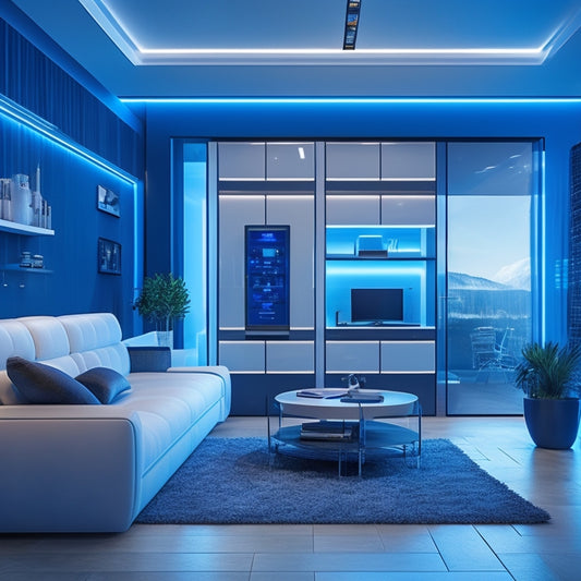 A futuristic home interior with sleek, modern furniture, featuring a prominent wall-mounted battery storage system with glowing blue LED lights, surrounded by solar panels and wires.