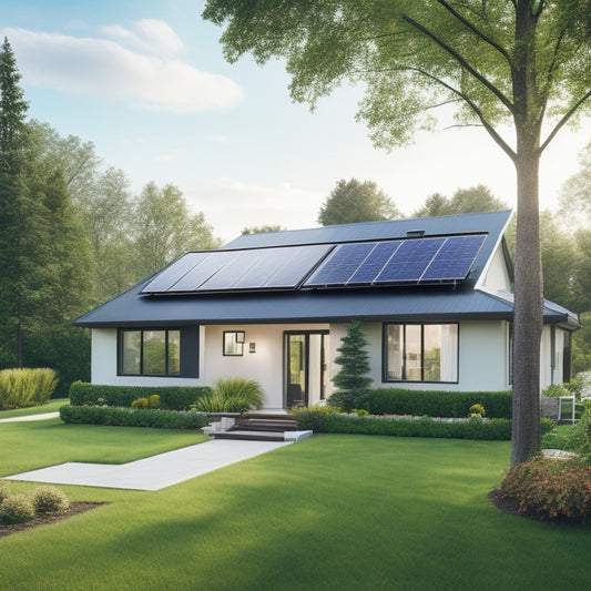A serene suburban home with a sleek, black solar panel array on the roof, accompanied by a compact, modern battery storage unit on the lawn, surrounded by lush greenery.