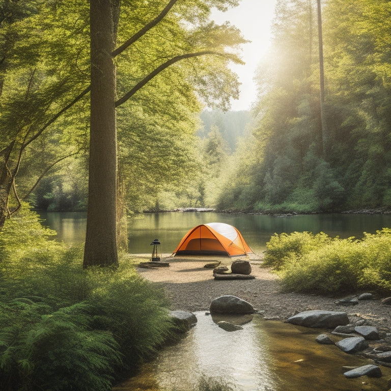 A serene campsite nestled in a lush forest, featuring solar-powered tents, bamboo camping gear, and reusable utensils. Sunlight filters through trees, highlighting eco-friendly products amidst vibrant greenery and a peaceful river nearby.