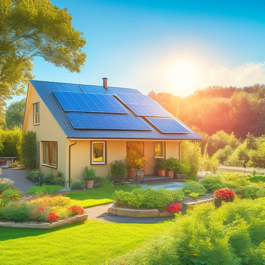 A vibrant, sunlit home with solar panels on the roof, surrounded by lush greenery and a vegetable garden, featuring energy-efficient appliances and a wind turbine in the background, symbolizing sustainability and carbon reduction.