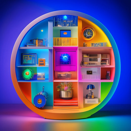 A colorful diagram of a house with interconnected gears, circuits, and sparkles, surrounded by a calendar with daily, weekly, and monthly sections, showcasing a harmonious balance of energy flow and maintenance.