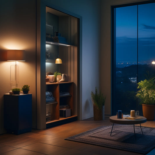 A modern home interior with a sleek, compact battery storage unit against a wall, surrounded by various devices (laptop, phone, lamp) and a faint cityscape outside the window during a nighttime blackout.