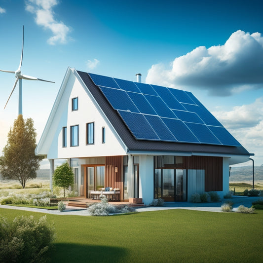 A stylized illustration of a modern, eco-friendly home surrounded by solar panels, wind turbines, and a battery storage system, set against a bright blue sky with fluffy white clouds.