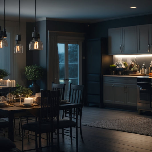 An image of a suburban home with a darkened living room, lit only by candles, juxtaposed with a bright and powered kitchen in the background, featuring a sleek whole house backup system.