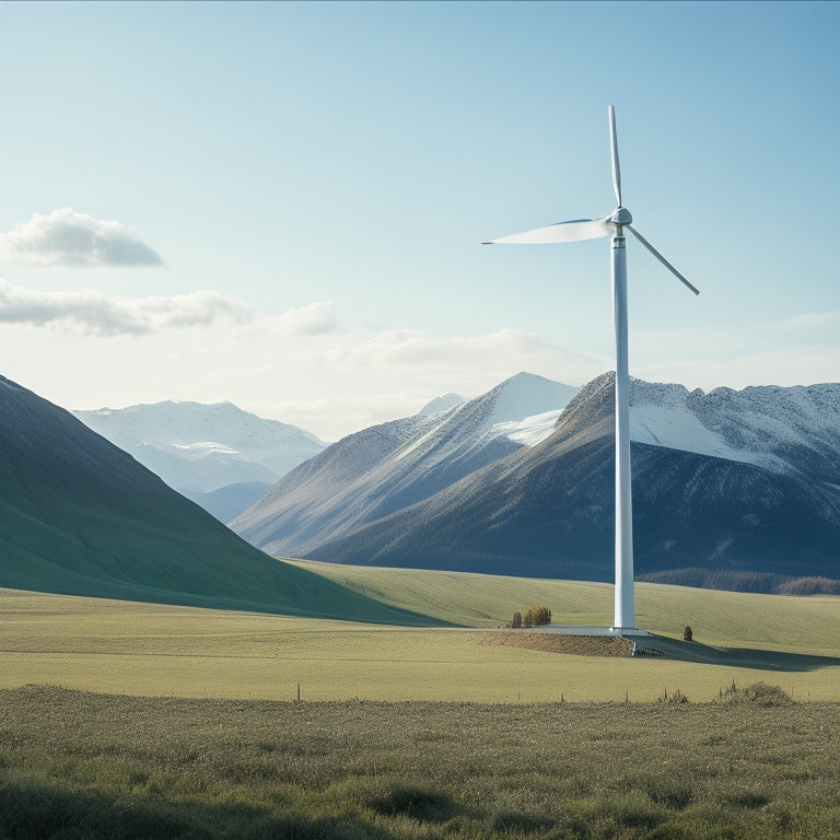 A serene landscape with a modern, sleek, silver wind turbine spinning lazily in the foreground, surrounded by a lush green meadow and a distant, snow-capped mountain range under a bright blue sky.