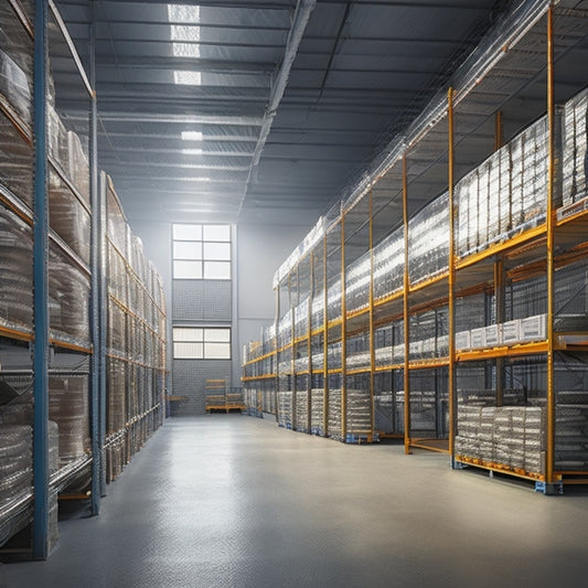 A modern, well-lit warehouse interior with sleek, silver wire metal shelving racks, maximized with innovative solar-powered features, such as built-in LED lighting and charging stations, amidst a backdrop of industrial pipes and concrete floors.