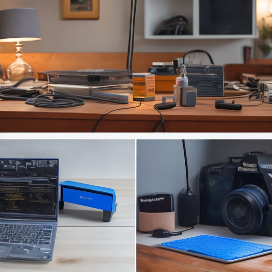 A split-screen image featuring a cluttered workspace with dead batteries and tangled cords on one side, and a tidy workspace with organized batteries and a laptop charging on the other.