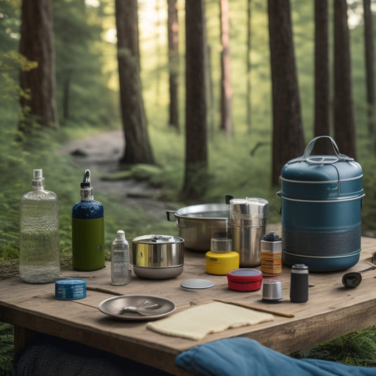 A serene forest scene with three DIY camping kits in the foreground, each containing a water filter, first aid supplies, and a portable stove, surrounded by lush greenery and a few camping gears.