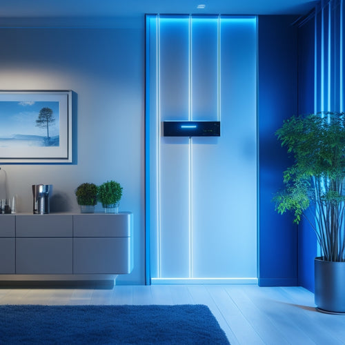 A serene, modern home interior with a sleek, silver energy system panel mounted on a wall, surrounded by neatly organized wires, and a subtle, glowing blue LED light strip.