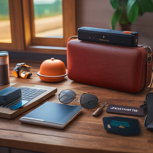 A sleek, modern battery power pack lies on a wooden table, surrounded by travel essentials: a globe, a passport, sunglasses, and a laptop, with soft natural light illuminating the scene.
